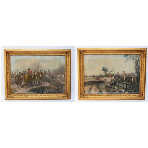 23 - A large pair of prints, depicting English hunting scenes, in gilt wooden frames, H-67cm x 93. (2 ite... 