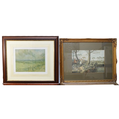 39 - Seven framed prints, to include, a humorous pair depicting foxes as the hunters, painted by Harry B ... 