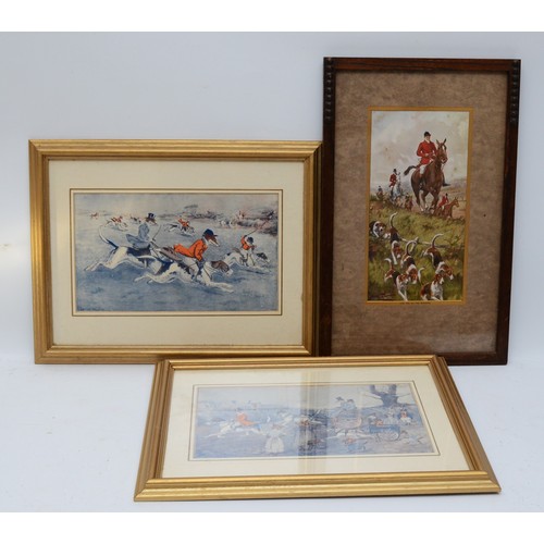 39 - Seven framed prints, to include, a humorous pair depicting foxes as the hunters, painted by Harry B ... 