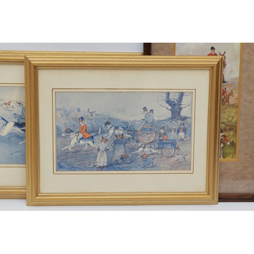 39 - Seven framed prints, to include, a humorous pair depicting foxes as the hunters, painted by Harry B ... 