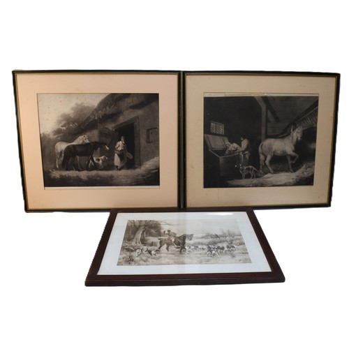 41 - Three framed engravings, in black and white, to include, a pair depicting a stable, one entitled The... 