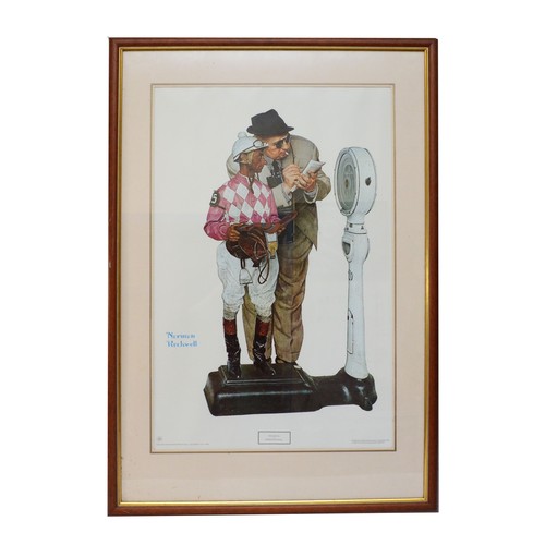 61 - A twentieth century print entitled Weighing In and depicting the jockey Eddie Arcaro being weighed b... 