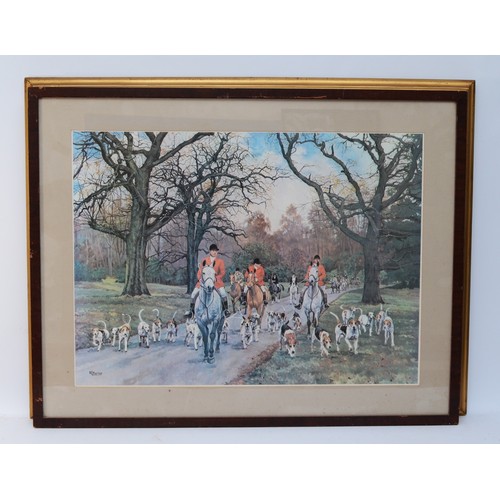 42 - Six framed prints, related to English fox and hare hunting, to include, a hand-coloured etching, dep... 