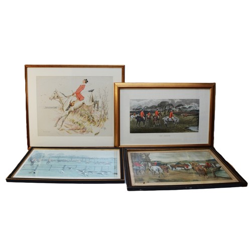 42 - Six framed prints, related to English fox and hare hunting, to include, a hand-coloured etching, dep... 