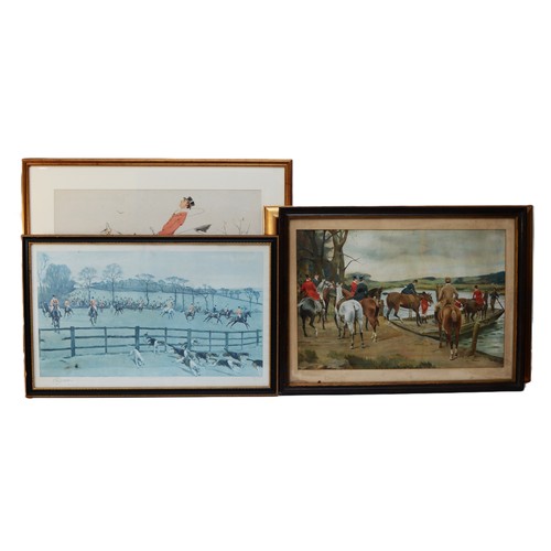 42 - Six framed prints, related to English fox and hare hunting, to include, a hand-coloured etching, dep... 