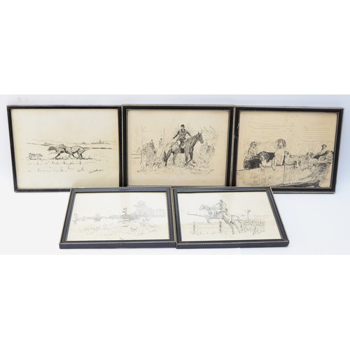 43 - Colin Smith; Five framed pen and ink drawings on paper, depicting hunting scenes, to include Hare Co... 