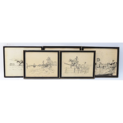 43 - Colin Smith; Five framed pen and ink drawings on paper, depicting hunting scenes, to include Hare Co... 