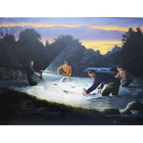 47 - Blowman; Salmon poachers at night, oil on board, H-133cm x 107cm, signed by the artist on the bottom... 