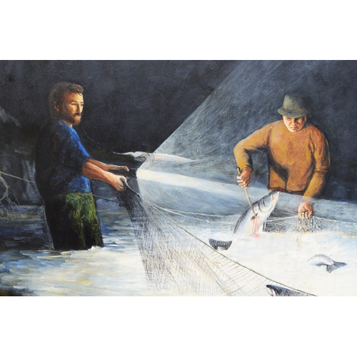 47 - Blowman; Salmon poachers at night, oil on board, H-133cm x 107cm, signed by the artist on the bottom... 