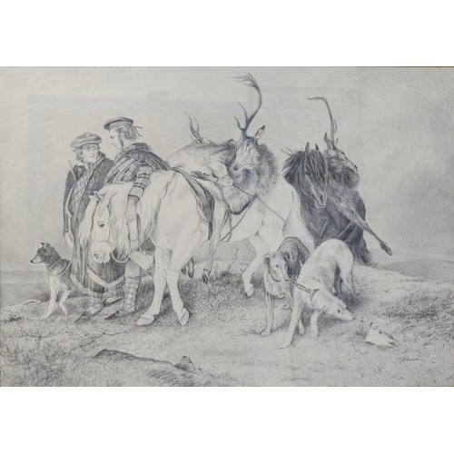 45 - Blowman; Scotsmen Wearing Tam O' Shanters on a Stag Hunt, pencil sketch on paper, H-89cm x 110cm, si... 