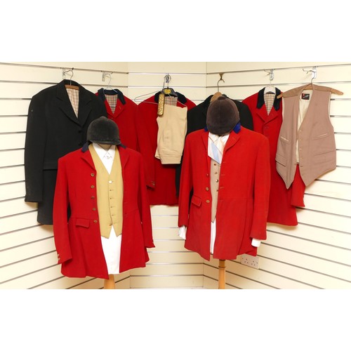 121 - Hunting jackets x 7 to include: 
Five red jackets with velvet collars, lined with interior pouch poc... 