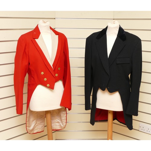 122 - Two hunting tail coats, lined with fox HB logo buttons, 
red, size 38