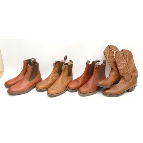 125 - Various men's leather boots to include:- 
Size 9.5, tan leather cowboy boots. 
Trickers brogue/Henry... 