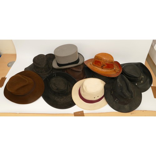 126 - Five Australian 'swagman' style hats in various materials.
Together with a brown fur felt Italian tr... 