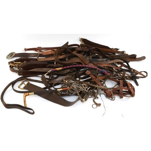 127 - A quantity of leather items to include bone handled whips, leather straps, leads, chains and chokers... 