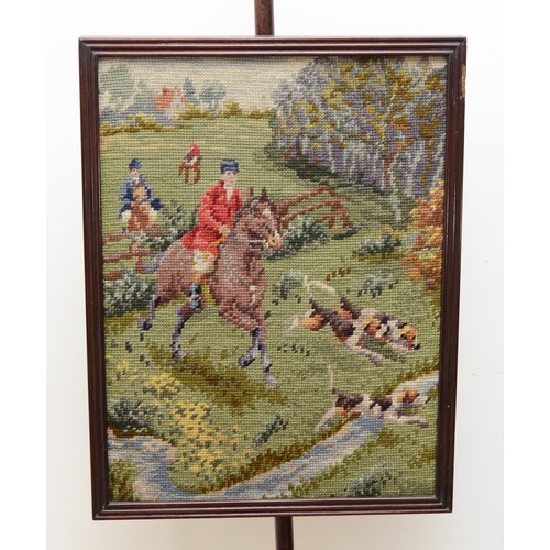 133 - A Victorian mahogany adjustable fireside pole screen, with a needlework tapestry depicting an Englis... 