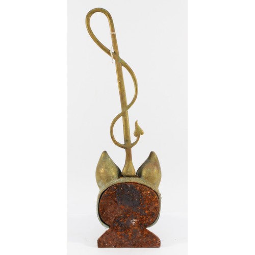 137 - A brass doorstop depicting a fox head and whip, on a stone base, H-44cm.