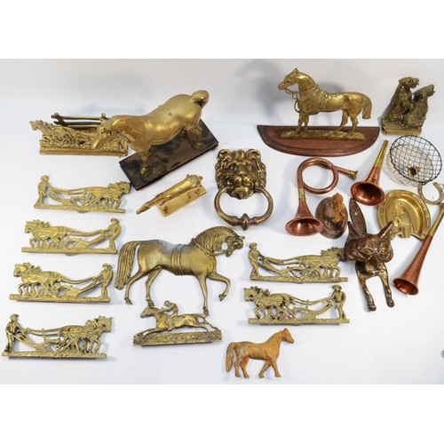 138 - A collection of early twentieth century and later brass and copper wares, to include, copper hunting... 