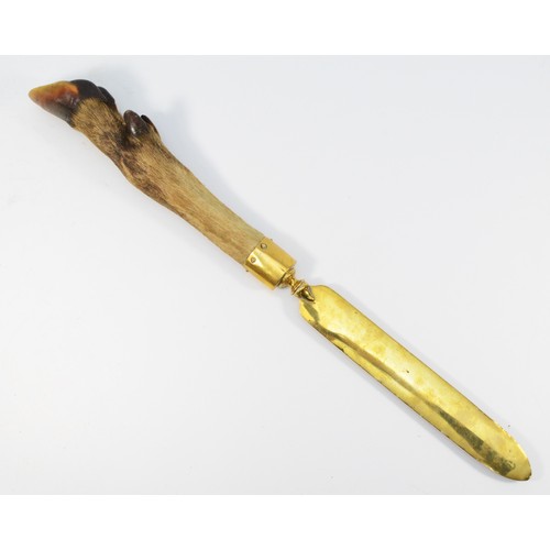 139 - A stag/deer foot pager turner with a 29cm brass blade and a brass mount.