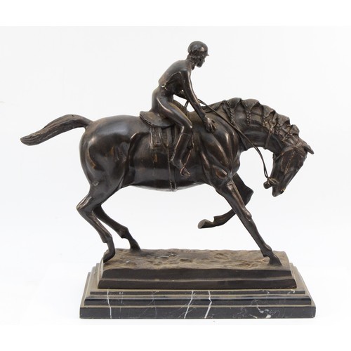 153 - After Pierre-Jules Mene, a spelter sculpture of a rider atop a galloping horse, marked Mene on the b... 