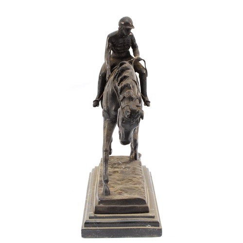 153 - After Pierre-Jules Mene, a spelter sculpture of a rider atop a galloping horse, marked Mene on the b... 