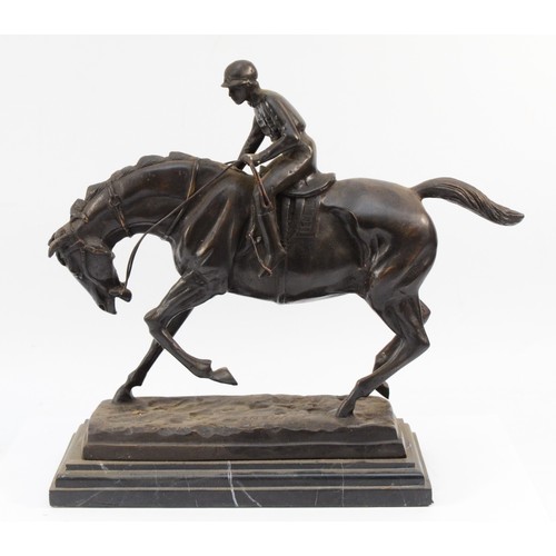 153 - After Pierre-Jules Mene, a spelter sculpture of a rider atop a galloping horse, marked Mene on the b... 