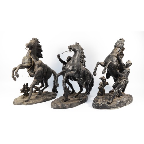 154 - A pair of spelter figurines, depicting rearing Marley horses with their grooms / handlers, H-36, tog... 