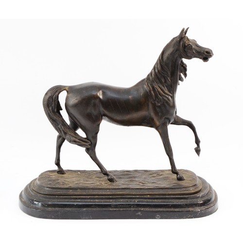 155 - A bronze model of a stallion on a steeped marble plinth base, H-28 x 30cm.