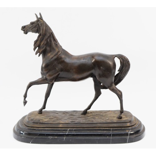 155 - A bronze model of a stallion on a steeped marble plinth base, H-28 x 30cm.