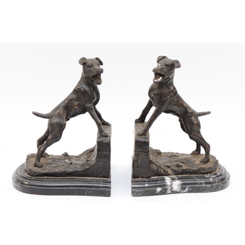 160 - After Edouard Drouot, a pair of bronze barking dog bookends, signed E. Drouot, raised on marble base... 