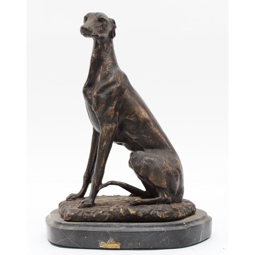 161 - After Barrie, a bronze sculpture of a seated greyhound, signed BARRIE, raised on a marble base, 20cm