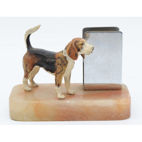 163 - A cold painted bronze of a beagle, raised on an onyx base with match box holder, height 9.5cm