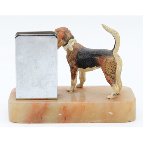 163 - A cold painted bronze of a beagle, raised on an onyx base with match box holder, height 9.5cm