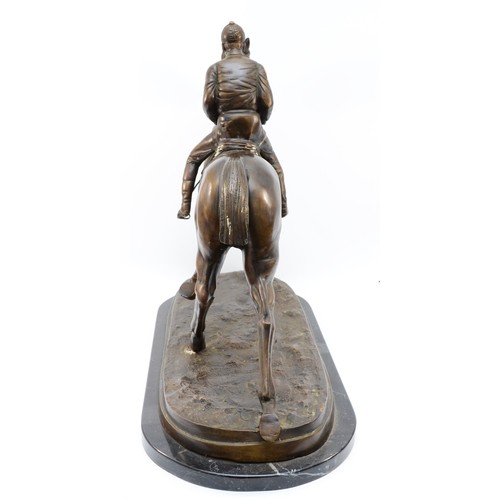 168 - After Mene, a bronze of a racehorse and jockey, on a naturalist base, raised on a marble base, unsig... 