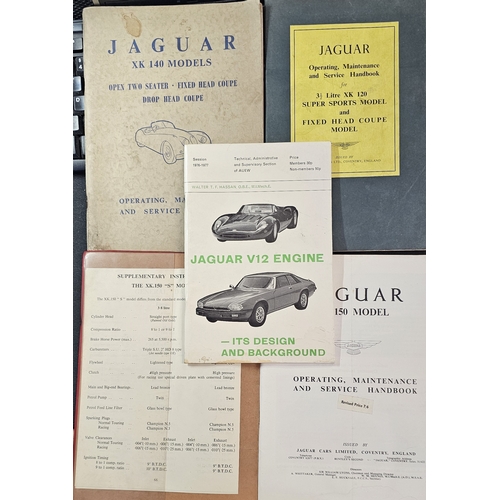 10 - Jaguar XK 120, XK 140, XK 150 handbooks, together with Jaguar V12 engine book. (4 books, tied togeth... 