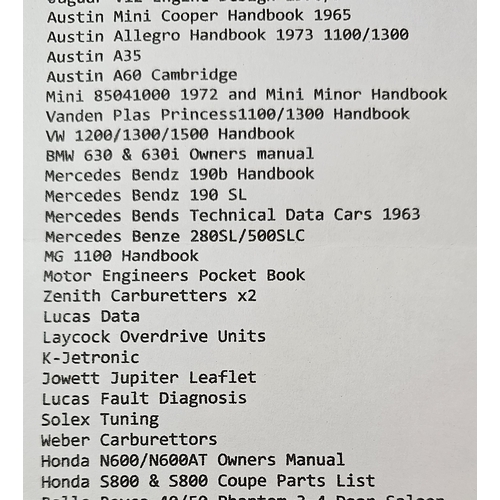 11 - A collection of motorcar owners manuals including Austin Mini Cooper 1965 and Honda S800 parts list.... 