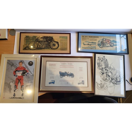 16 - Five Motoring Related Framed Prints; Manx Norton, NSU Streamliner, a Berris cutaway drawing of an en... 