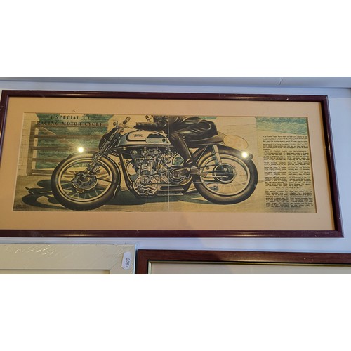 16 - Five Motoring Related Framed Prints; Manx Norton, NSU Streamliner, a Berris cutaway drawing of an en... 