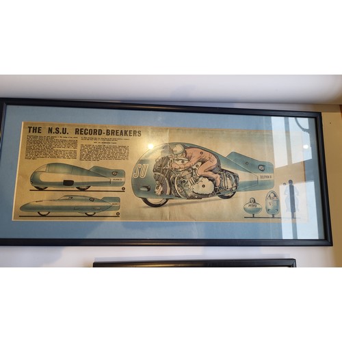 16 - Five Motoring Related Framed Prints; Manx Norton, NSU Streamliner, a Berris cutaway drawing of an en... 