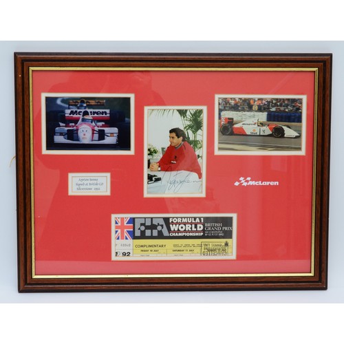 27 - Ayrton Senna, a montage including a signed photograph and a British GP 1992 ticket, authenticity let... 