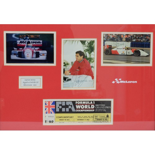 27 - Ayrton Senna, a montage including a signed photograph and a British GP 1992 ticket, authenticity let... 