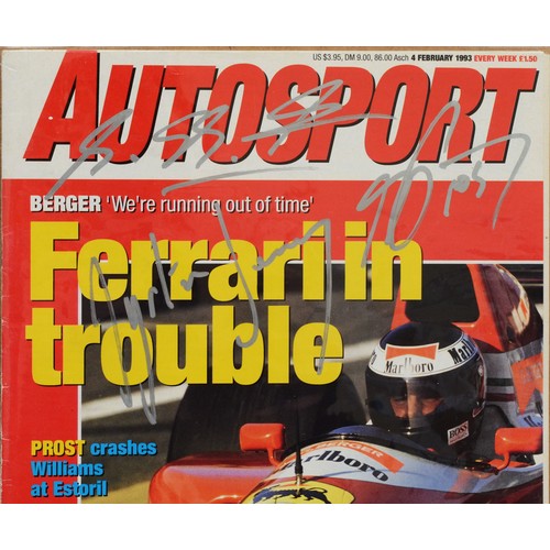 30 - F1 signatures, Michael Schumacher, Ayrton Senna and Damon Hill, with one other, on an Autosport 4th ... 