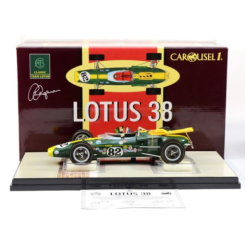 43 - Carousel 1, Jim Clark, Lotus 38, 1965 Indianapolis 500 winner, scale 1:18, original packaging. (1 it... 