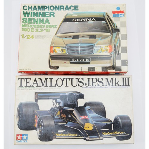 50 - Tamiya Team Lotus JPS Mk III, scale 1:20, together with ESCI Senna Mercedes Benz 190E, both apparent... 