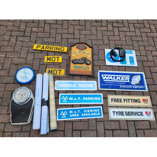 55 - MOT Signs, charts, trailer socket tester, motorcycle weighing scales, Walker exhaust and Uniroyal ty... 