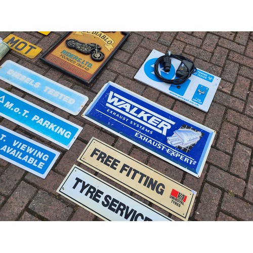 55 - MOT Signs, charts, trailer socket tester, motorcycle weighing scales, Walker exhaust and Uniroyal ty... 