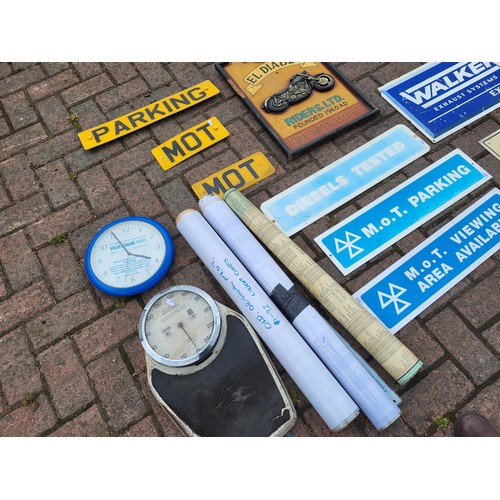 55 - MOT Signs, charts, trailer socket tester, motorcycle weighing scales, Walker exhaust and Uniroyal ty... 