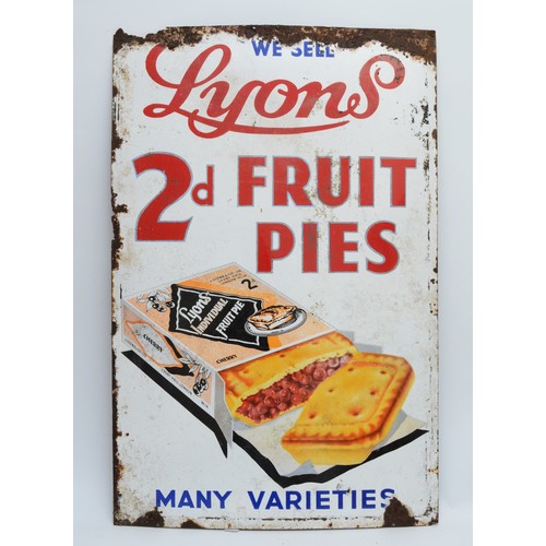 Lyons 2d Fruit Pies, a single sided vitreous enamel advertising sign, 87 x 57cm. (1 item)