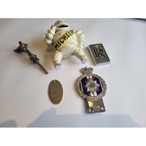 70 - Rolls Royce Badge, Small Spirit of Ecstasy, Key fob. Also a cast iron Michelin Bibendum figure and a... 