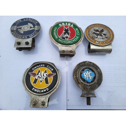 75 - Five Car Badges, including Royal Automobile Club Associate, Ariel Owners Club, AJS and Matchless Own... 